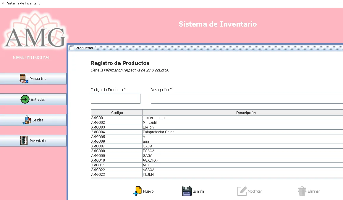 Sistema de inventario de AMG Centro Estético