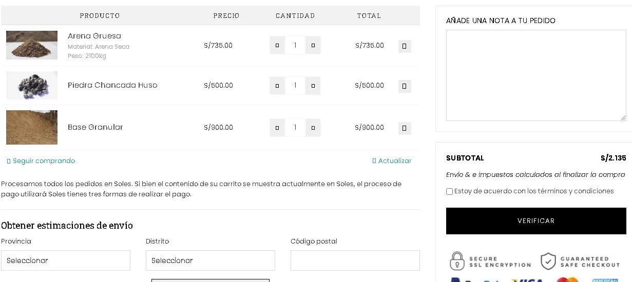 Web de Arenera Ren con carrito de compras